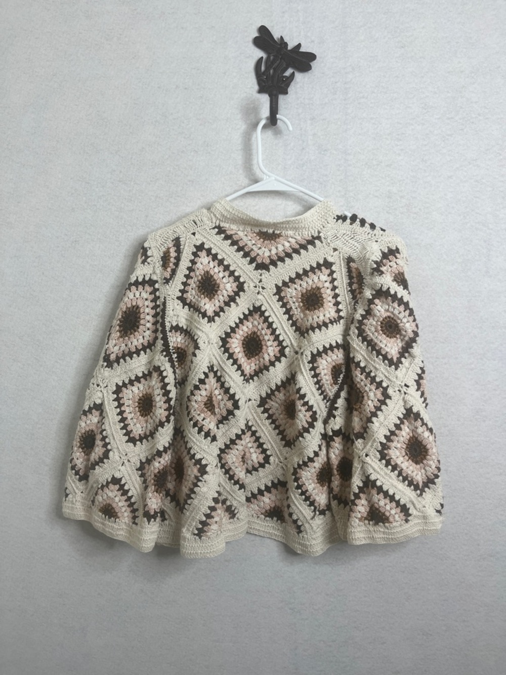 Boho Crochet Open-Front Sweater Cardigan - Cream and Brown - Picture 3 of 4